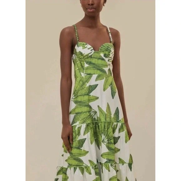 New‎ FARM RIO Off-White Palm Fan Midi Dress Size Large Cotton Sundress - Picture 4 of 13